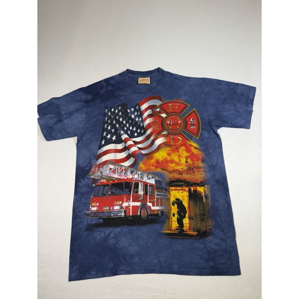 VTG The Mountain Firefighter T-Shirt Blue Tie-Dye American Flag FD Y2K Large